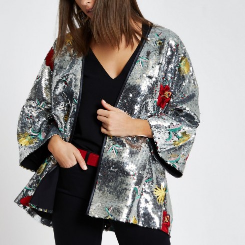 River Island Silver floral sequin embellished kimono ~ metallic jackets