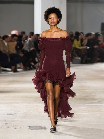 GIAMBATTISTA VALLI Smocked off-the-shoulder silk-chiffon dress ~ burgundy-red statement dresses ~ bardot style - flipped