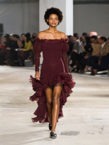 GIAMBATTISTA VALLI Smocked off-the-shoulder silk-chiffon dress ~ burgundy-red statement dresses ~ bardot style