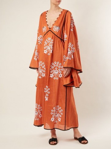 VITA KIN Spanish Pigeon embroidered linen dress ~ flowing orange maxi dresses - flipped