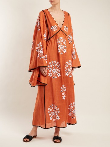 VITA KIN Spanish Pigeon embroidered linen dress ~ flowing orange maxi dresses