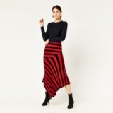 WAREHOUSE STRIPE ASYMMETRIC SKIRT ~ red rib knit skirts
