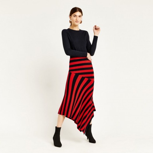 WAREHOUSE STRIPE ASYMMETRIC SKIRT ~ red rib knit skirts - flipped
