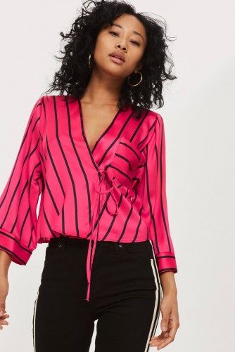 Topshop Stripe Kimono Wrap Blouse | pink striped blouses