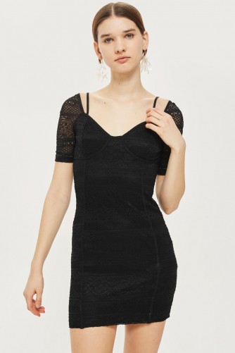 TOPSHOP Sweetheart Neck Lace Mini Bodycon Dress – fitted black party dresses – lbd