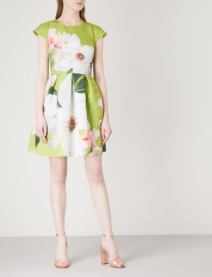 TED BAKER Chatsworth skater crepe dress – green floral party dresses - flipped