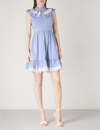 TED BAKER Kikkii ruffled pinstriped cotton dress – lace applique trimmed dresses - flipped