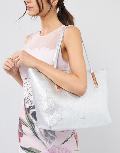 Ted Baker Soft Leather Tote with Zip in Silver | metallic shopper - flipped
