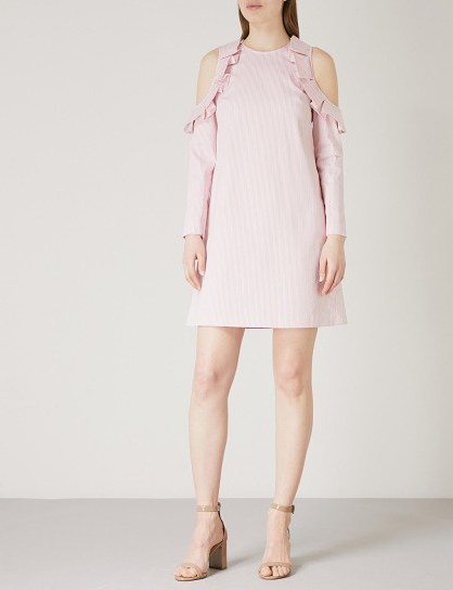 TED BAKER Zyllah cold-shoulder striped cotton mini dress – ruffled shoulders - flipped