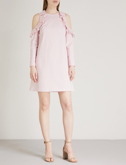 TED BAKER Zyllah cold-shoulder striped cotton mini dress – ruffled shoulders