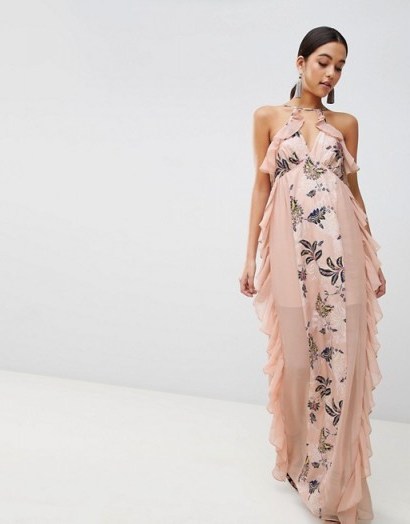 The Jetset Diaries Floral Panel Maxi Dress – red carpet style dresses – long pink ruffled gowns - flipped