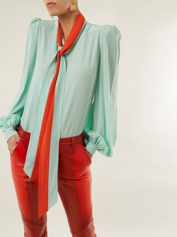 GIVENCHY Tie-neck green and orange silk blouse ~ chic vintage style - flipped