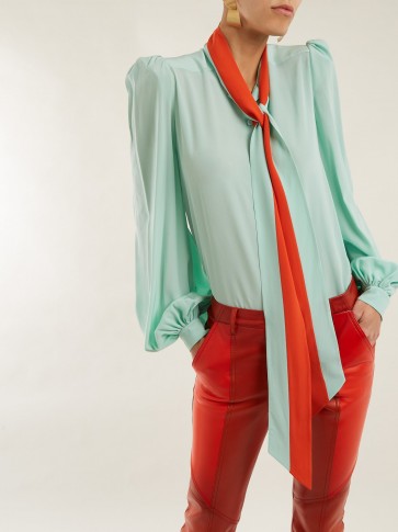 GIVENCHY Tie-neck green and orange silk blouse ~ chic vintage style