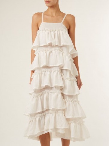 ISA ARFEN Tiered-ruffle ramie dress ~ white ruffled sundresses ~ strappy vacation dresses - flipped