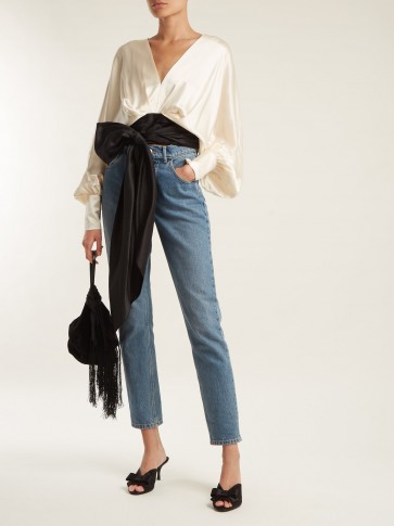 JOHANNA ORTIZ Tie-waist silk blouse ~ luxe black and cream statement blouses