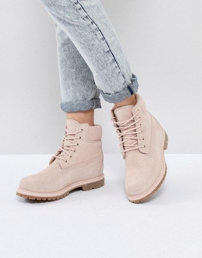 Timberland 6 Inch Premium Rose Suede Flat Boots Cameo Rose. NUDE WALKING BOOTS - flipped