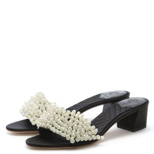 TORY BURCH Tatiana Black Pearl Embellished Mules – block heeled slip-on sandals - flipped