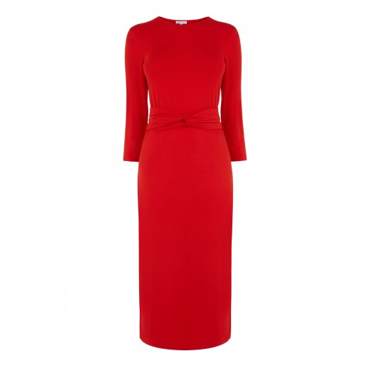 WAREHOUSE TWIST BELT MIDI DRESS ~ red midi dresses