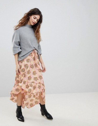 Vero Moda Floral Asymetric Ruffle Skirt in Rose Tan – pink frill hem skirts - flipped