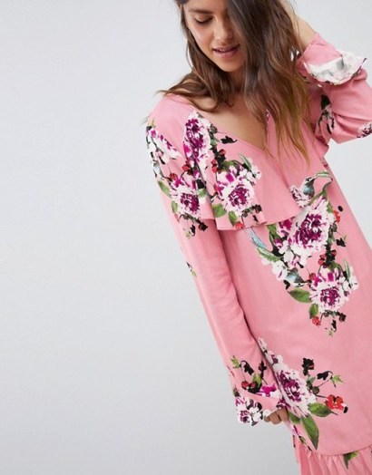 Vila Soft Floral Ruffle Midi Dress in Bridal Roase – pink ruffled dresses - flipped