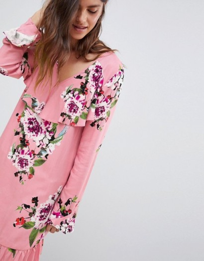 Vila Soft Floral Ruffle Midi Dress in Bridal Roase – pink ruffled dresses