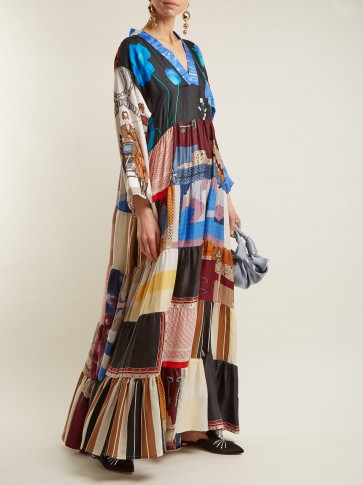 RIANNA + NINA Vintage patchwork V-neck tiered silk dress ~ boho chic