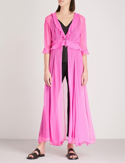 WE ARE LEONE Ruby ruffled silk-chiffon maxi jacket Malibu Pink – long sheer jackets