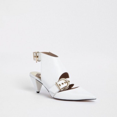 River Island White pointed toe buckle cone heel mules – contemporary buckled shoes - flipped