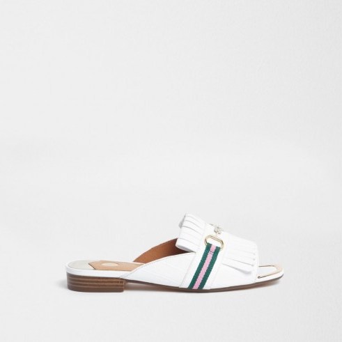 River Island White snaffle fringe backless peep toe loafer – casual spring flats - flipped