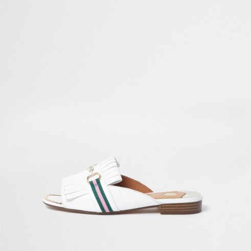 River Island White snaffle fringe backless peep toe loafer – casual spring flats