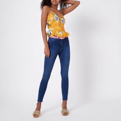 River Island Yellow floral print peplum hem cami top – strappy summer tops - flipped
