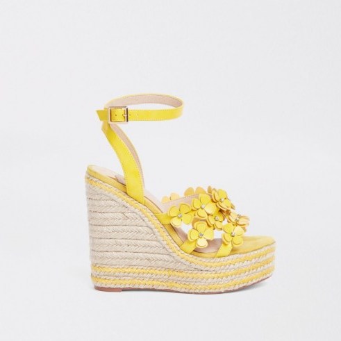 River Island Yellow flower espadrille platform wedges – pretty 70s vintage style summer shoes - flipped