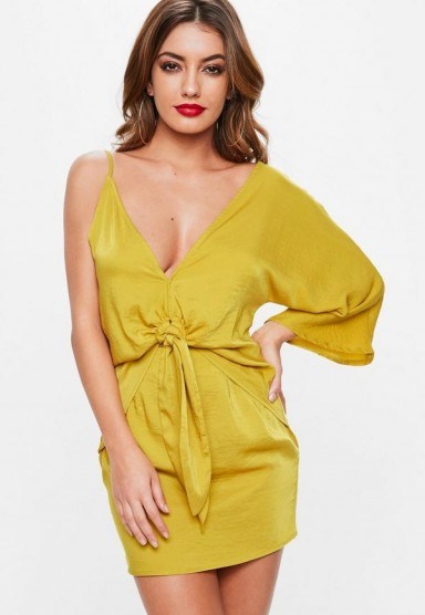 Missguided yellow satin asymmetric tie front shift dress | plunging one sleeve dresses - flipped