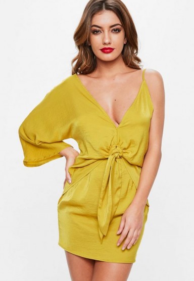 Missguided yellow satin asymmetric tie front shift dress | plunging one sleeve dresses