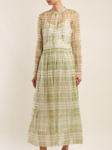 BURBERRY Adela scribble checked sheer-silk dress ~ green tartan gathered waist dresses