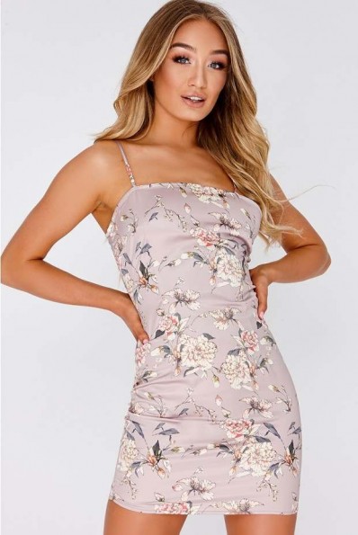 IN THE STYLE AFTON BEIGE FLORAL SATIN SQUARE NECK SLIP DRESS | cami dresses