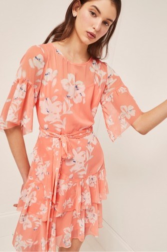 FRENCH CONNECTION ALBA SHEER TIE WAIST RUFFLE DRESS PEACH BLOSSOM / ruffled floral dresses - flipped