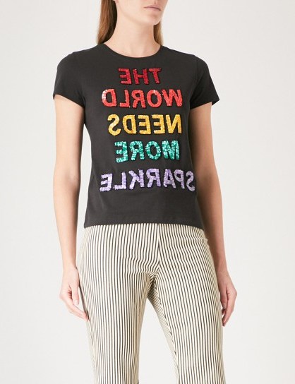 ALICE & OLIVIA Sequin-embellished cotton-jersey T-shirt / black slogan tees / ‘the world needs more sparkle’ tee - flipped
