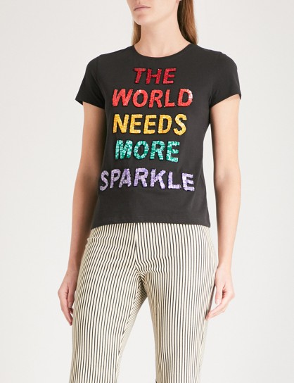 ALICE & OLIVIA Sequin-embellished cotton-jersey T-shirt / black slogan tees / ‘the world needs more sparkle’ tee
