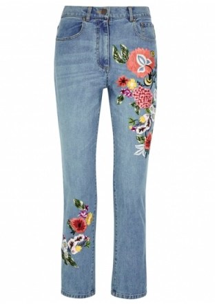 ALICE + OLIVIA Blue floral-embroidered slim-leg jeans ~ cropped denim - flipped