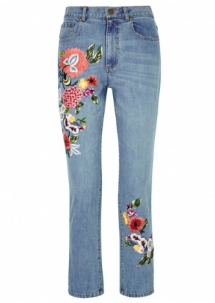 ALICE + OLIVIA Blue floral-embroidered slim-leg jeans ~ cropped denim