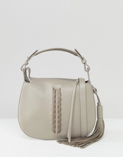 AllSaints Contrast Leather Detail Shoulder Bag in taupe-grey | tasseled top hand bags - flipped