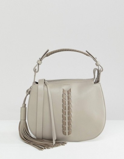 AllSaints Contrast Leather Detail Shoulder Bag in taupe-grey | tasseled top hand bags