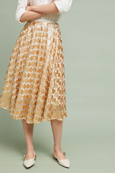 Seen Worn Kept Amanda Sequin Midi Skirt at Anthropologie | gold metallic skirts
