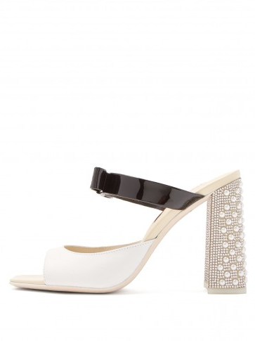 SOPHIA WEBSTER Andie crystal and bow-embellished leather mules / pearl covered chunky heels - flipped