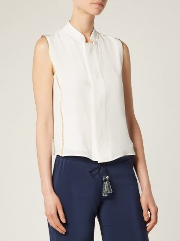 ZEUS + DIONE Aria lamé-trimmed silk shirt ~ cream sleeveless mandarin collar shirts ~ metallic-gold trim - flipped