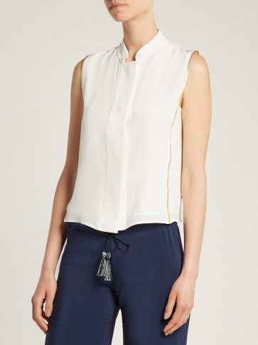 ZEUS + DIONE Aria lamé-trimmed silk shirt ~ cream sleeveless mandarin collar shirts ~ metallic-gold trim