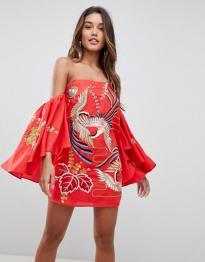 ASOS Bardot Mini Dress With Embroidery ~ red off the shoulder dresses - flipped