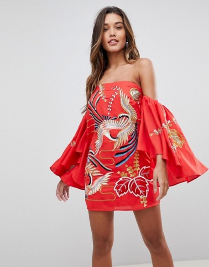ASOS Bardot Mini Dress With Embroidery ~ red off the shoulder dresses