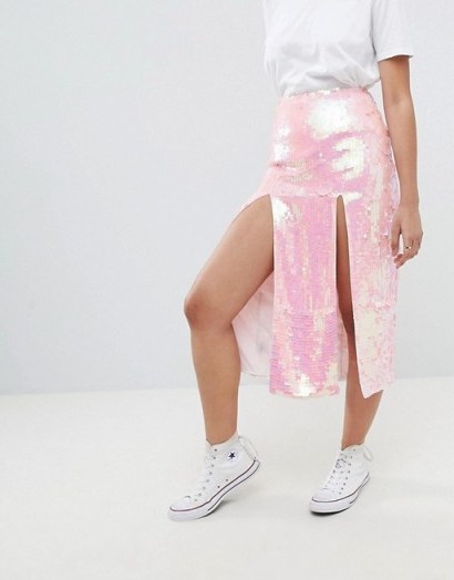ASOS DESIGN all over iridescent embellished midi skirt with thigh splits ~ pink sequin skirts - flipped